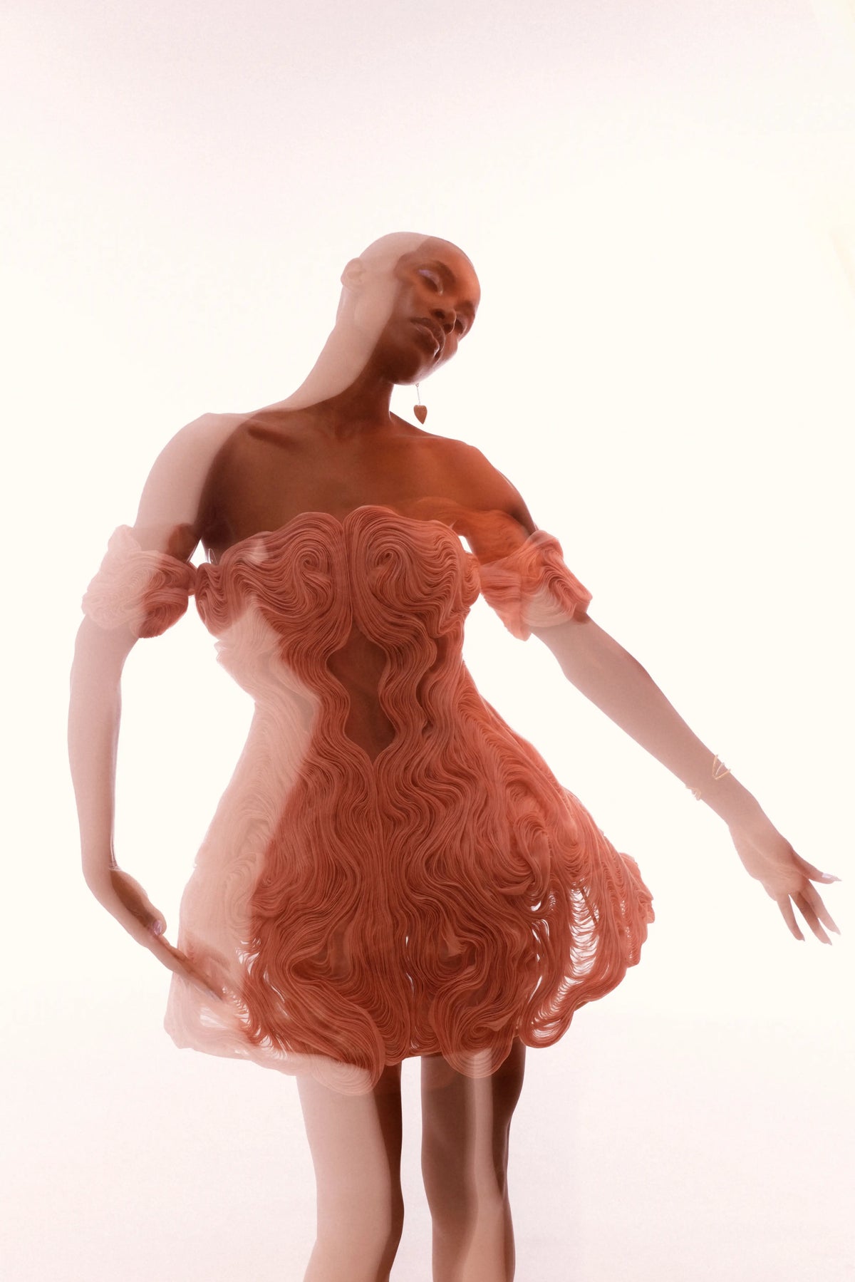 OFF-SHOULDER 3D DRAPED DRESS IN PEACH