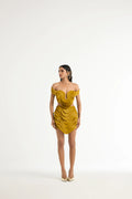 Off-Shoulder 3D Paneled Dress in Gold
