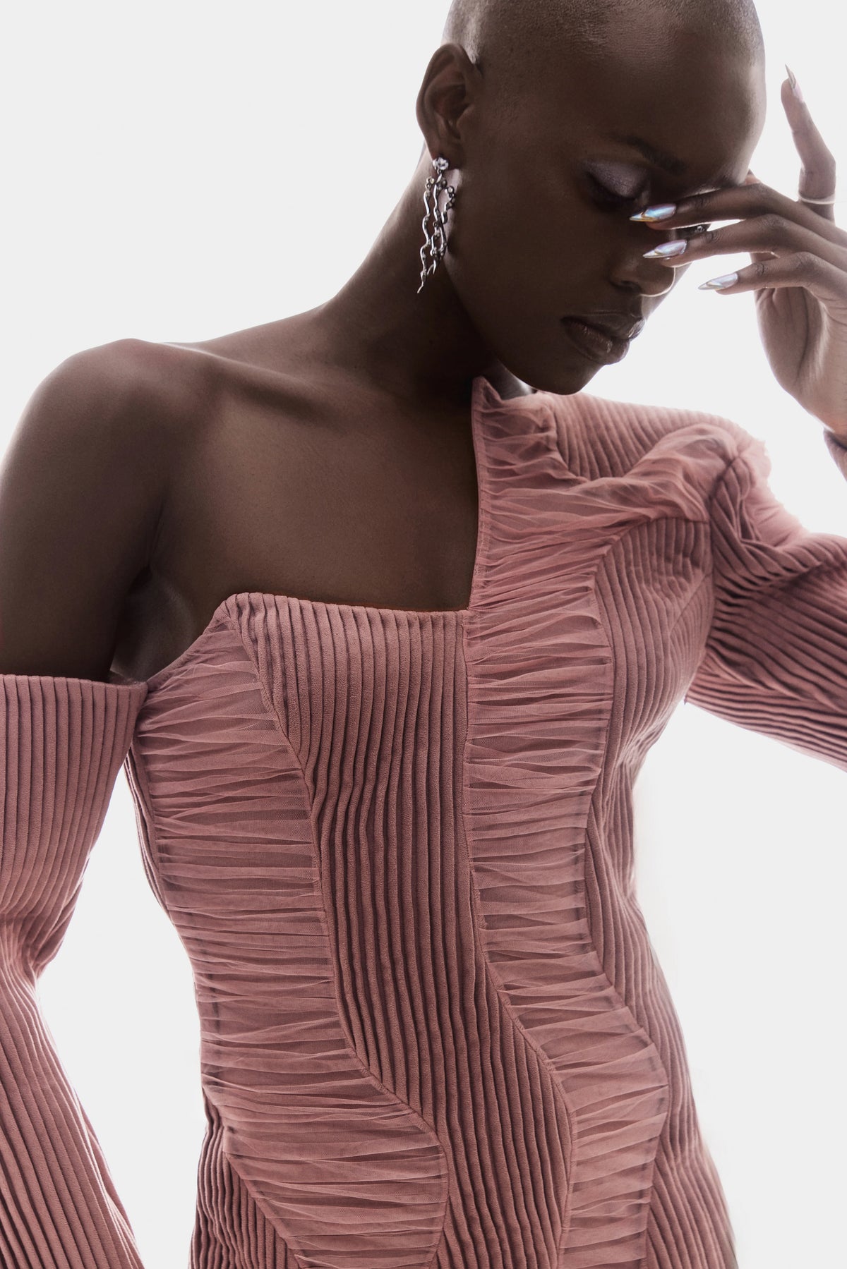 ONE-SHOULDER PLEATED AND RUCHED MINI DRESS IN PEACH
