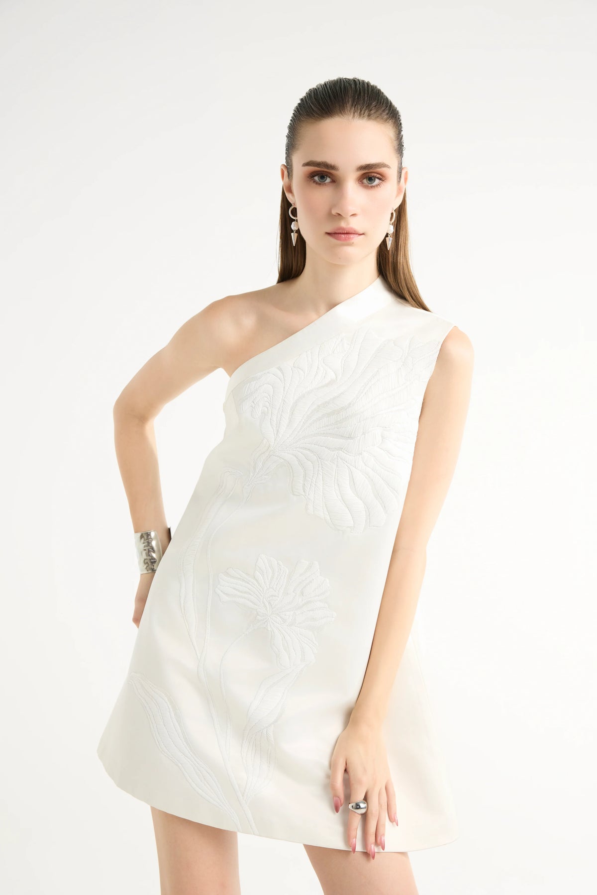One-Shoulder Raffia Mini Dress in White