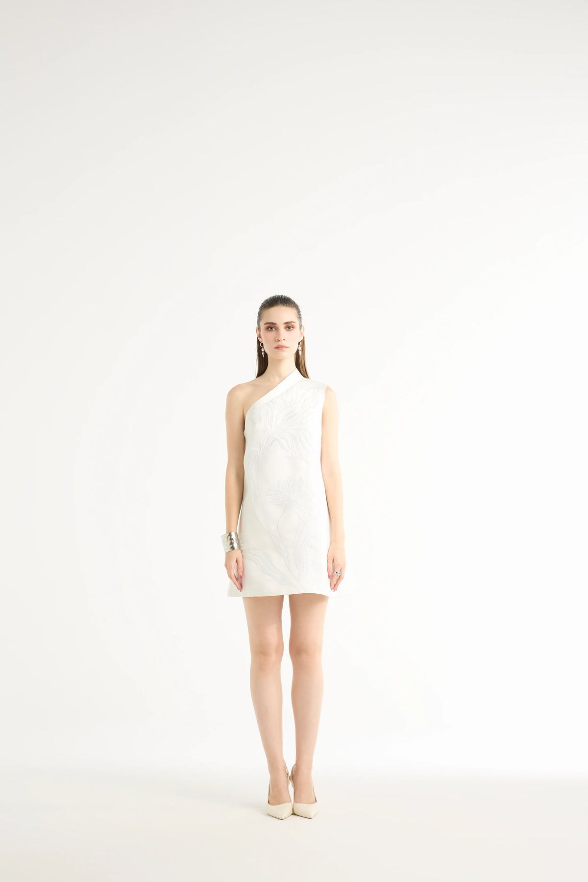 One-Shoulder Raffia Mini Dress in White