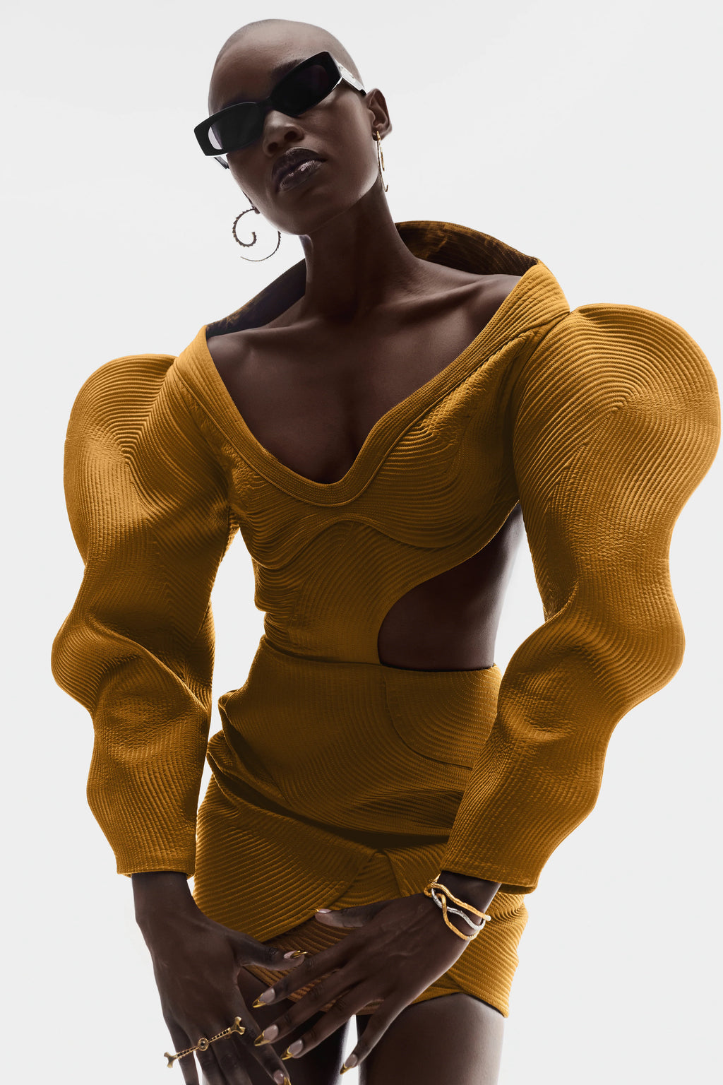 QUILTED SATIN MINI DRESS IN RUSTIC GOLD