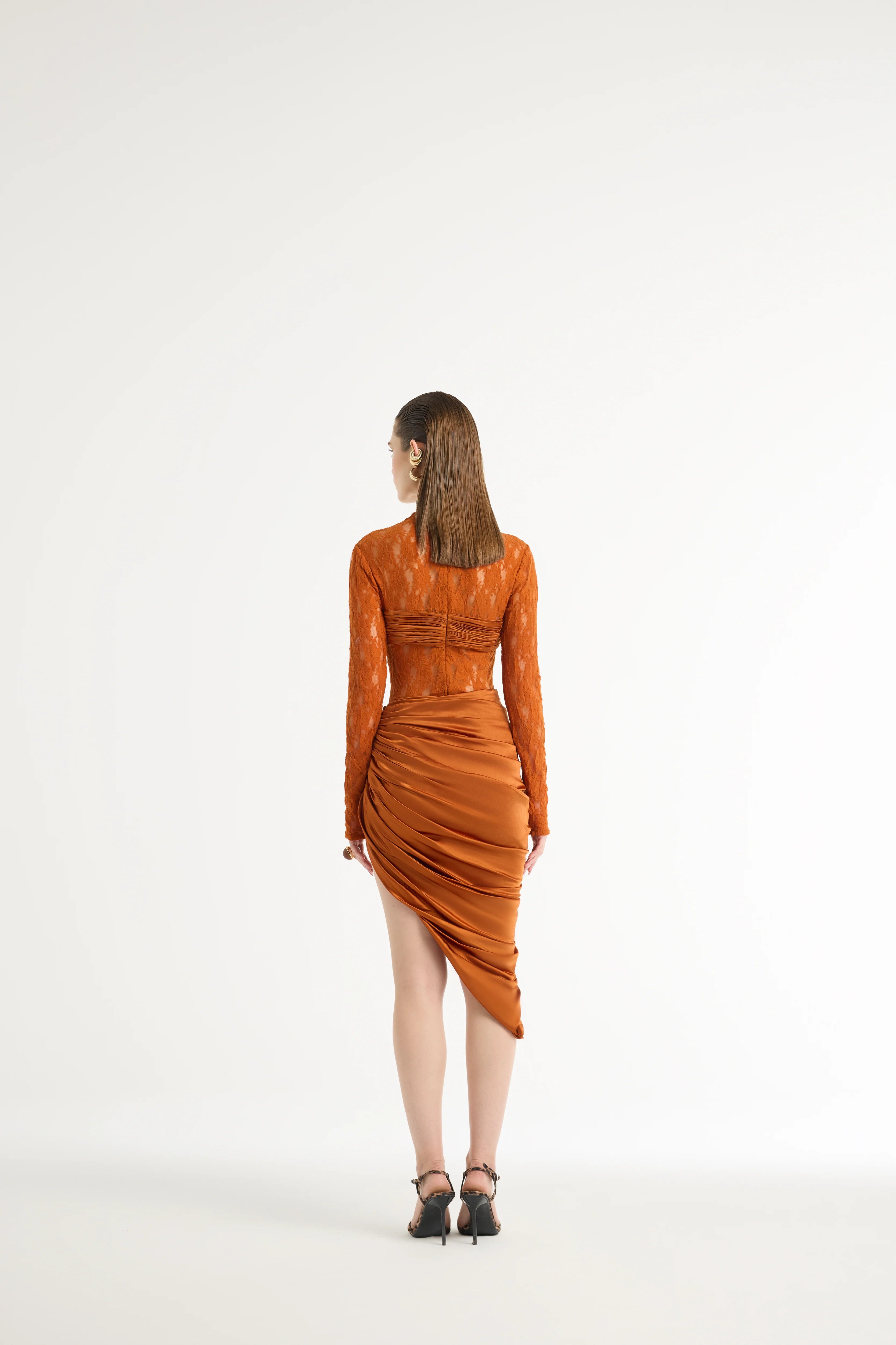 Asymmetrical Draped Midi Skirt in Orange