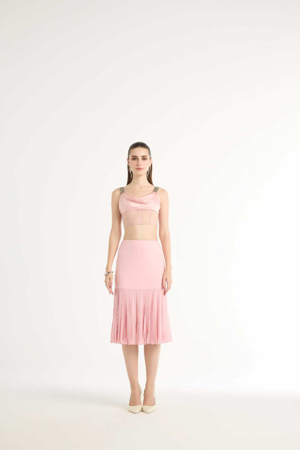 Hand-Pleated Flared Midi Skirt in Pink