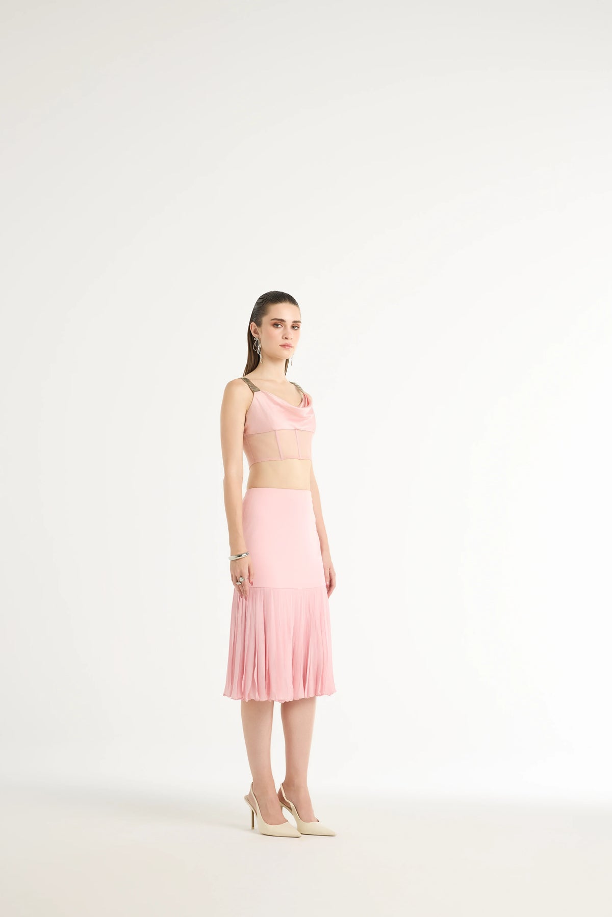 Hand-Pleated Flared Midi Skirt in Pink