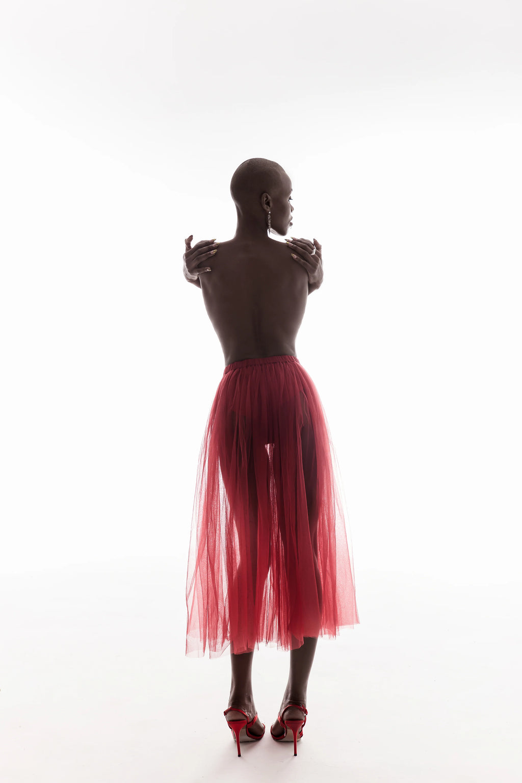 SHEER GATHERED MIDI SKIRT IN WINE
