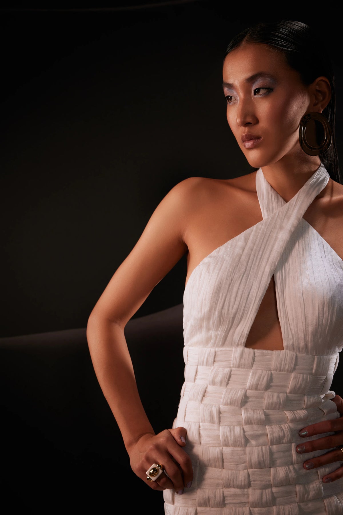 Woven Halterneck Midi Dress in White