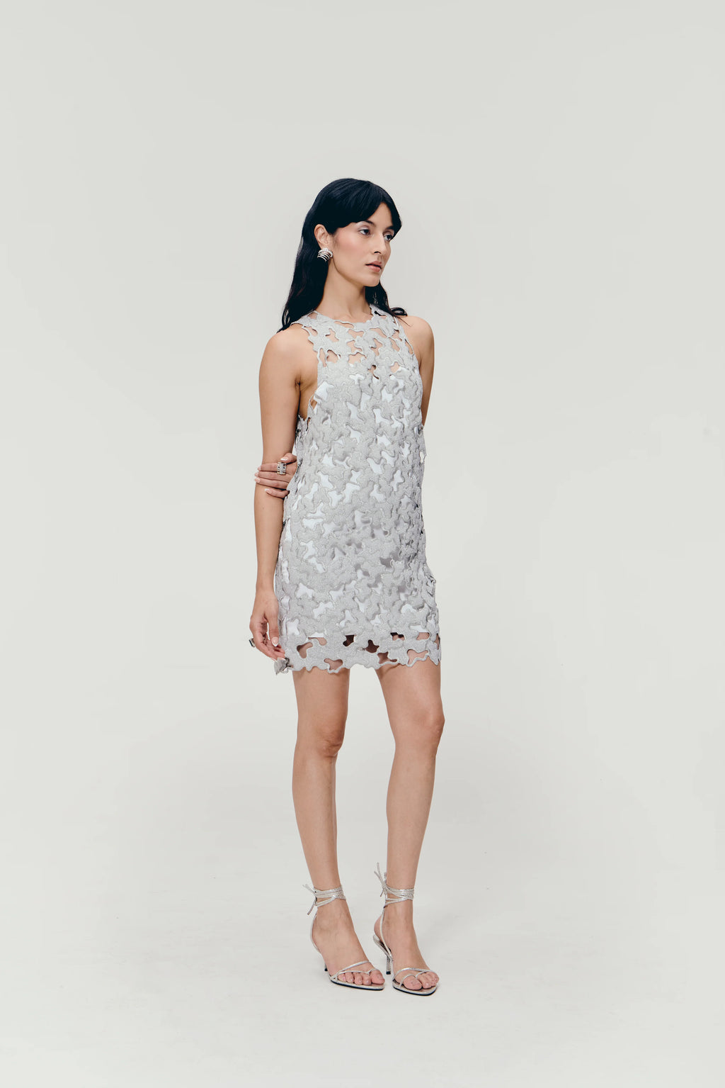 Zari Embroidered Mini Dress in Silver